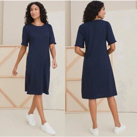 Chico's Size 3 = 16/18 1X Navy Blue T-Shirt Dress Cotton-Blend Shift w/Pockets - Picture 1 of 11